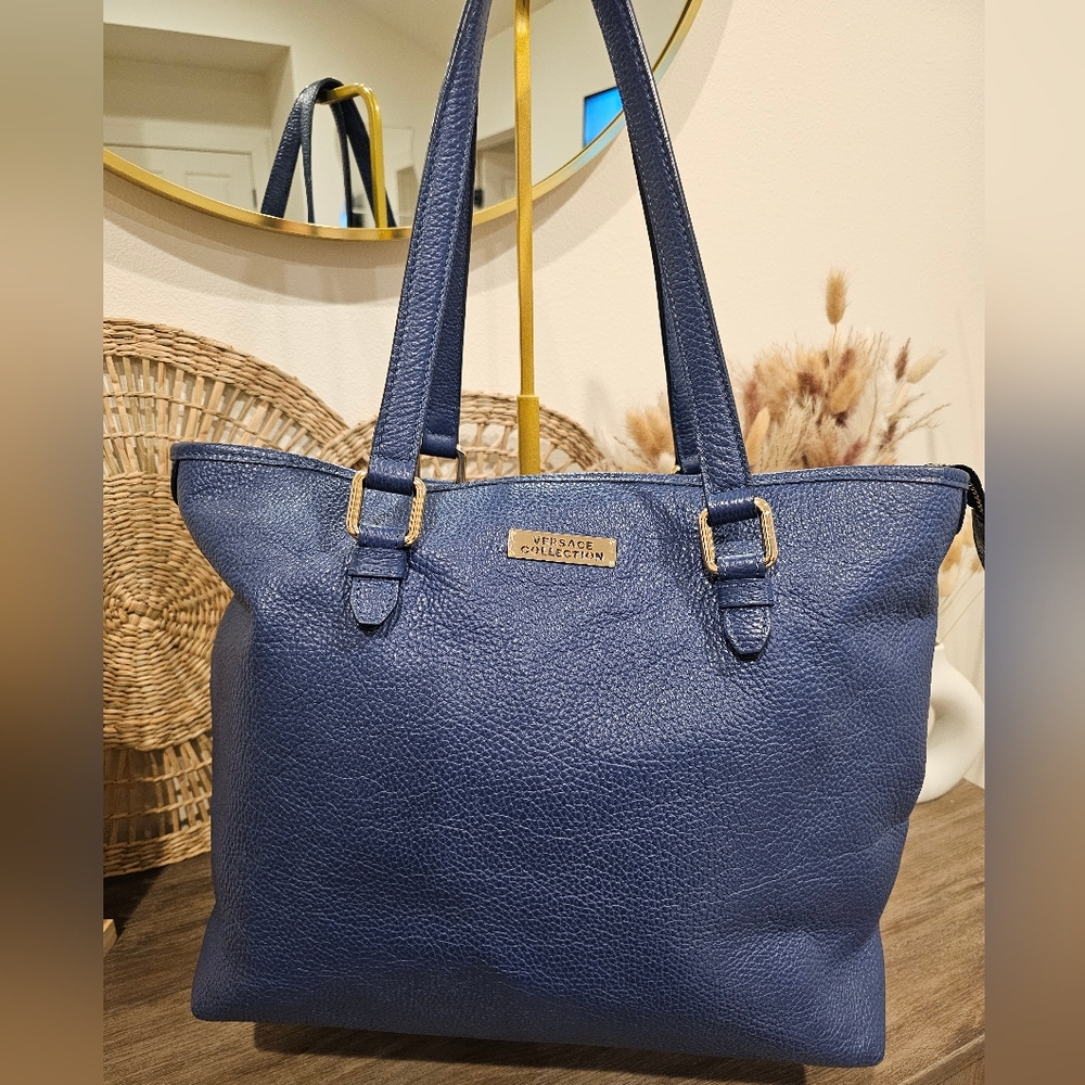 EUC Versace Blue Leather Zip Tote